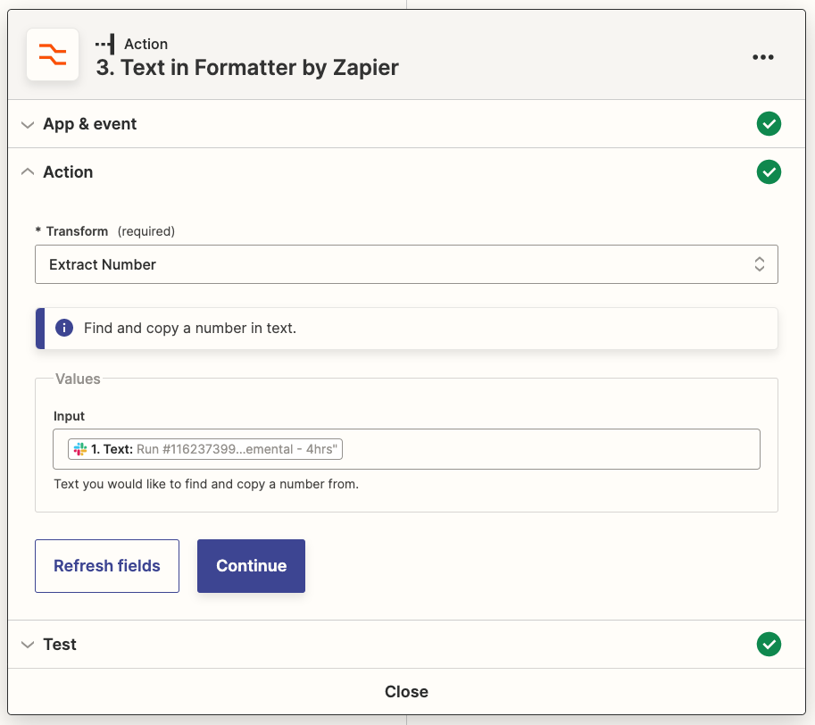 Screenshot of the Zapier UI, showing the Transform step configured to extract a number from the Slack message's Text property