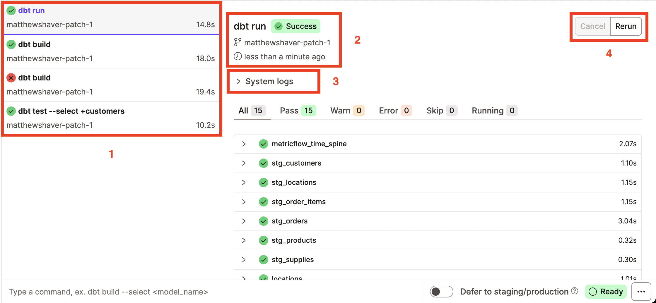 The Invocation History Drawer returns a log and detail of all your dbt invocations. The Invocation History Drawer returns a log and detail of all your dbt invocations.