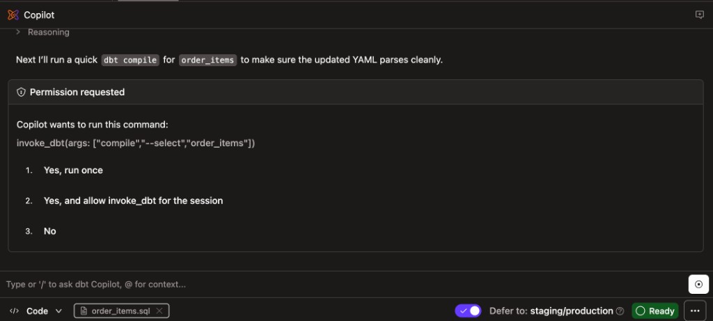 The Developer agent requesting permission to run a dbt command. The Developer agent requesting permission to run a dbt command.
